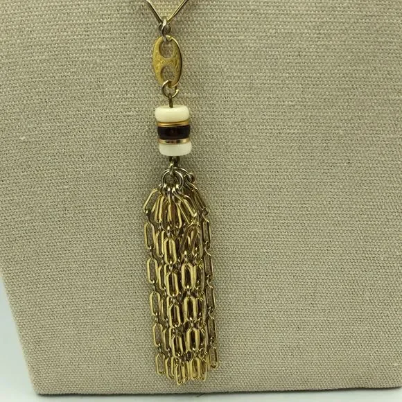 VINTAGE Gold Tone Tassel Beaded Pendant Retro Necklace, Disco Party Studio 54 - Picture 8 of 16